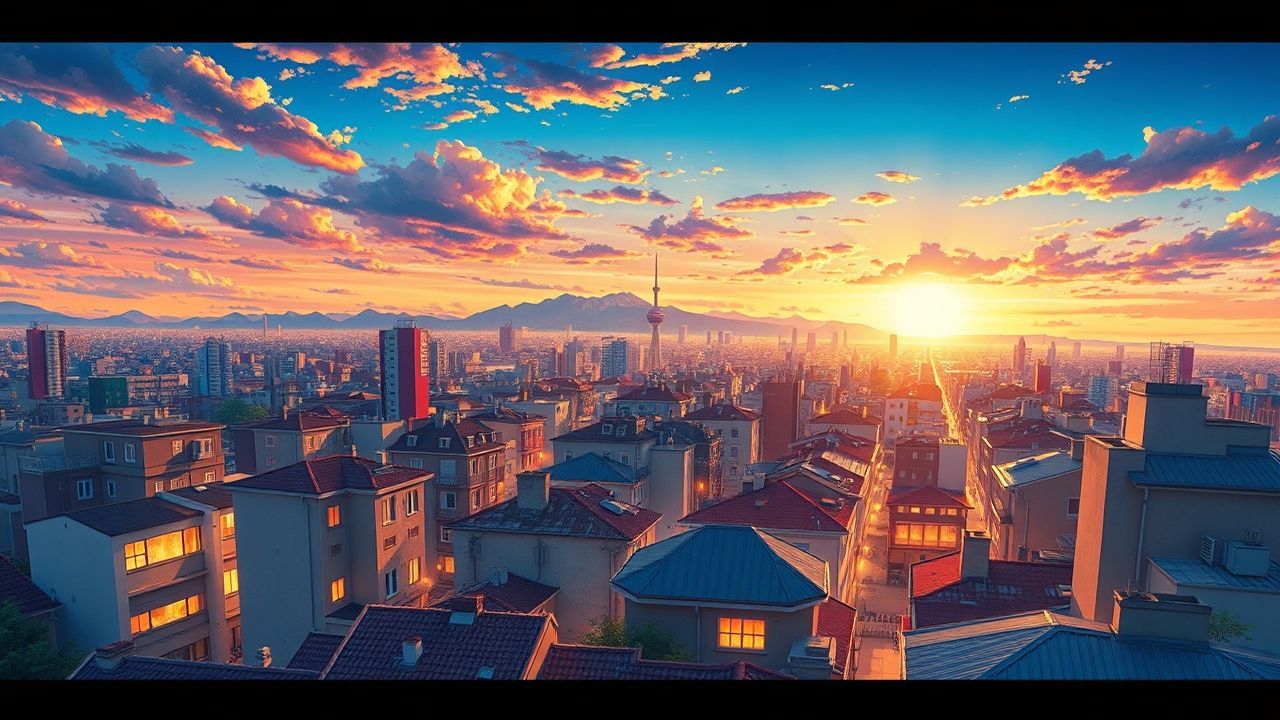 Magnificent Anime Cityscape Hour in Golden Light