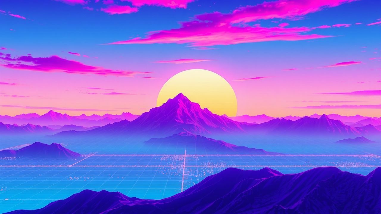 Ornate Vaporwave Grid Mountains at Sunset