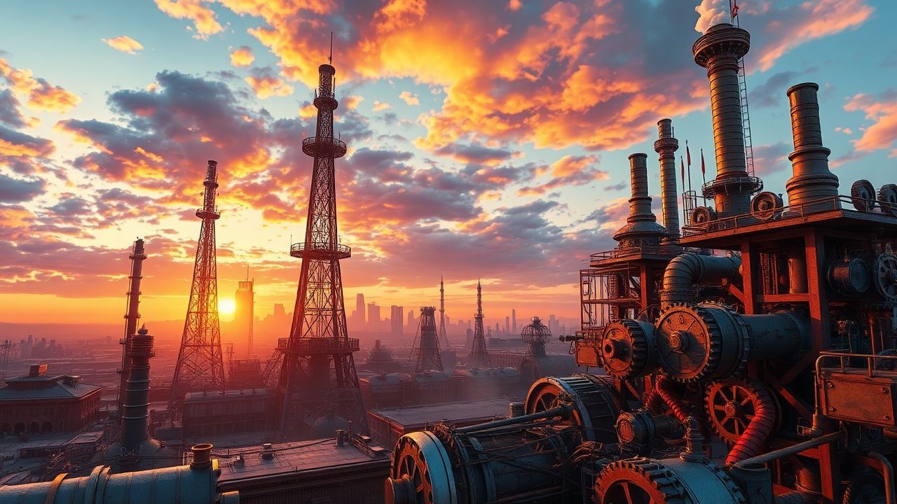 Ethereal Steampunk City Brass at Sunset
