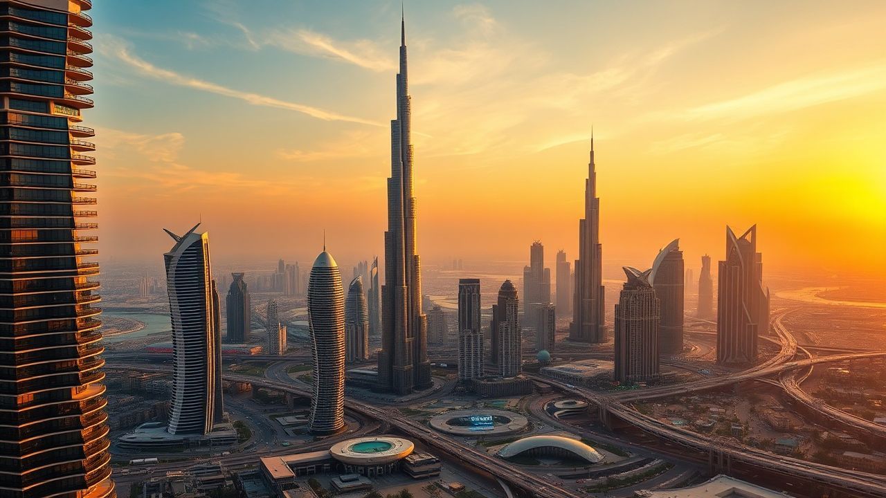Verdant Dubai Futuristic Towers at Sunset