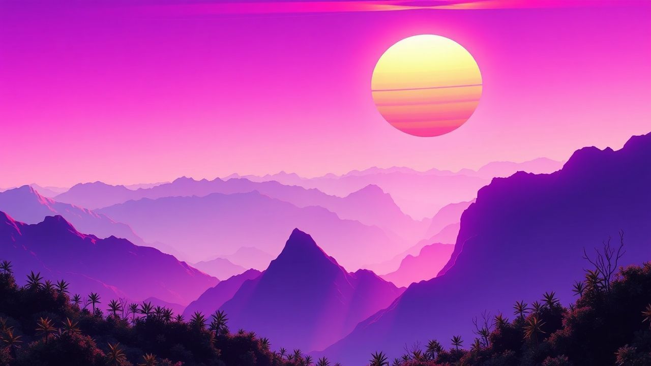 Immense Vaporwave Grid Mountains at Sunset