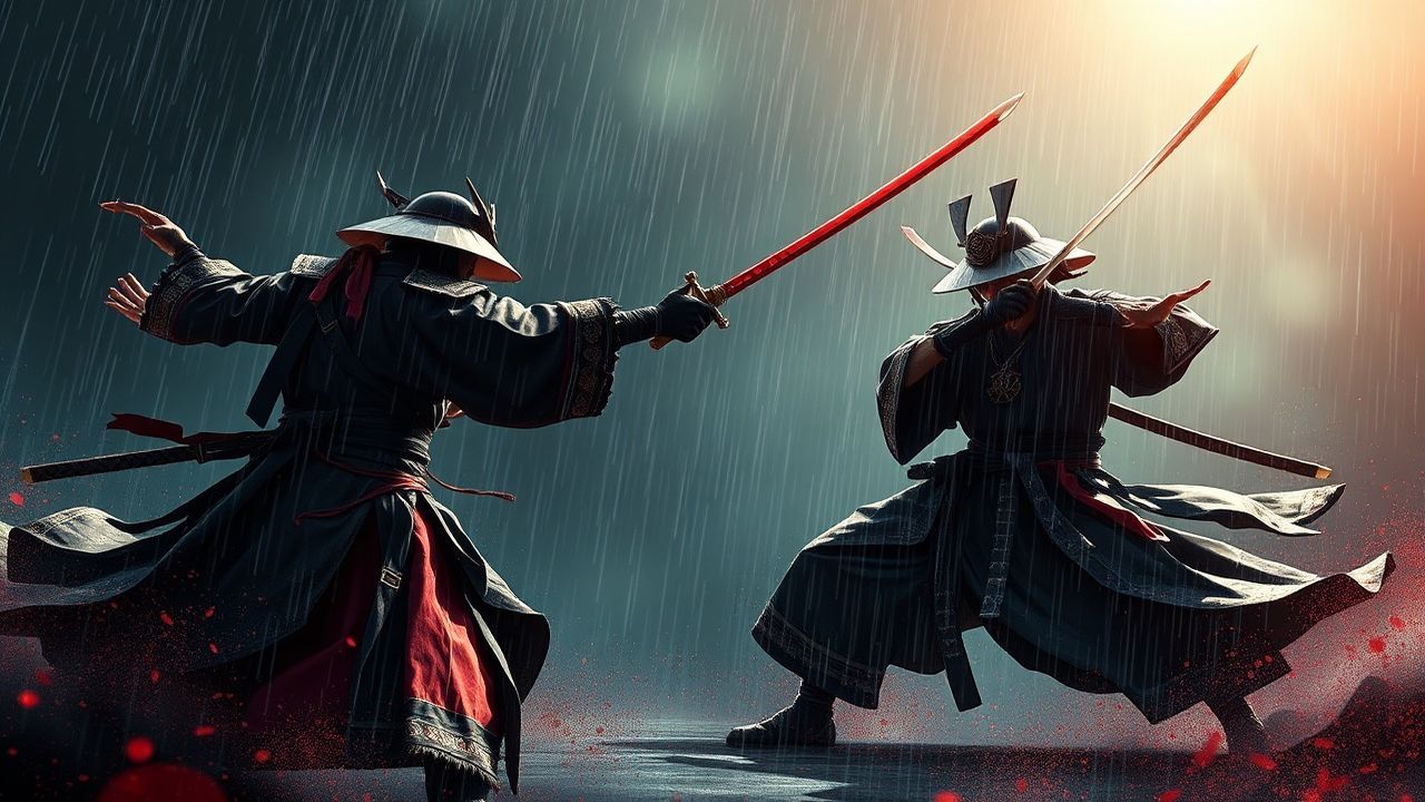 Shadowy Samurai Duel Dark in the Rain