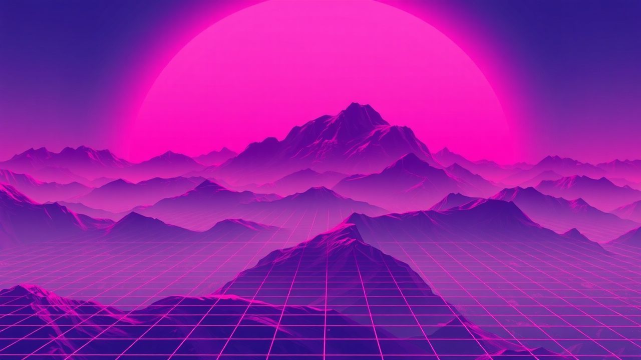 Nostalgic Vaporwave Grid Mountains at Sunset