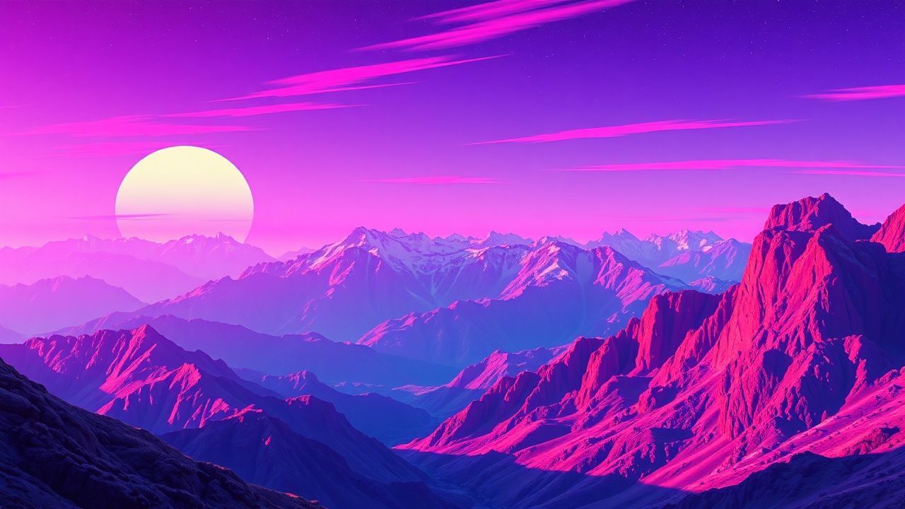 Vivid Vaporwave Grid Mountains at Sunset