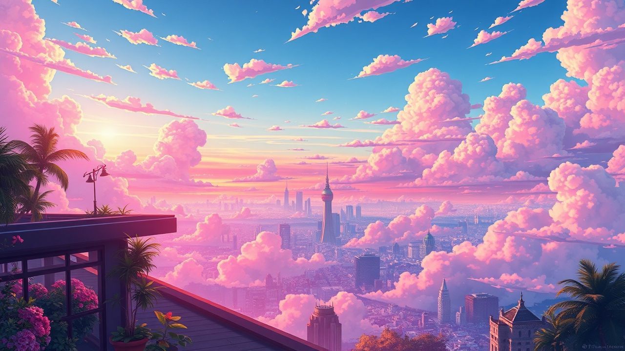 Towering Rooftop Garden City at Sunset