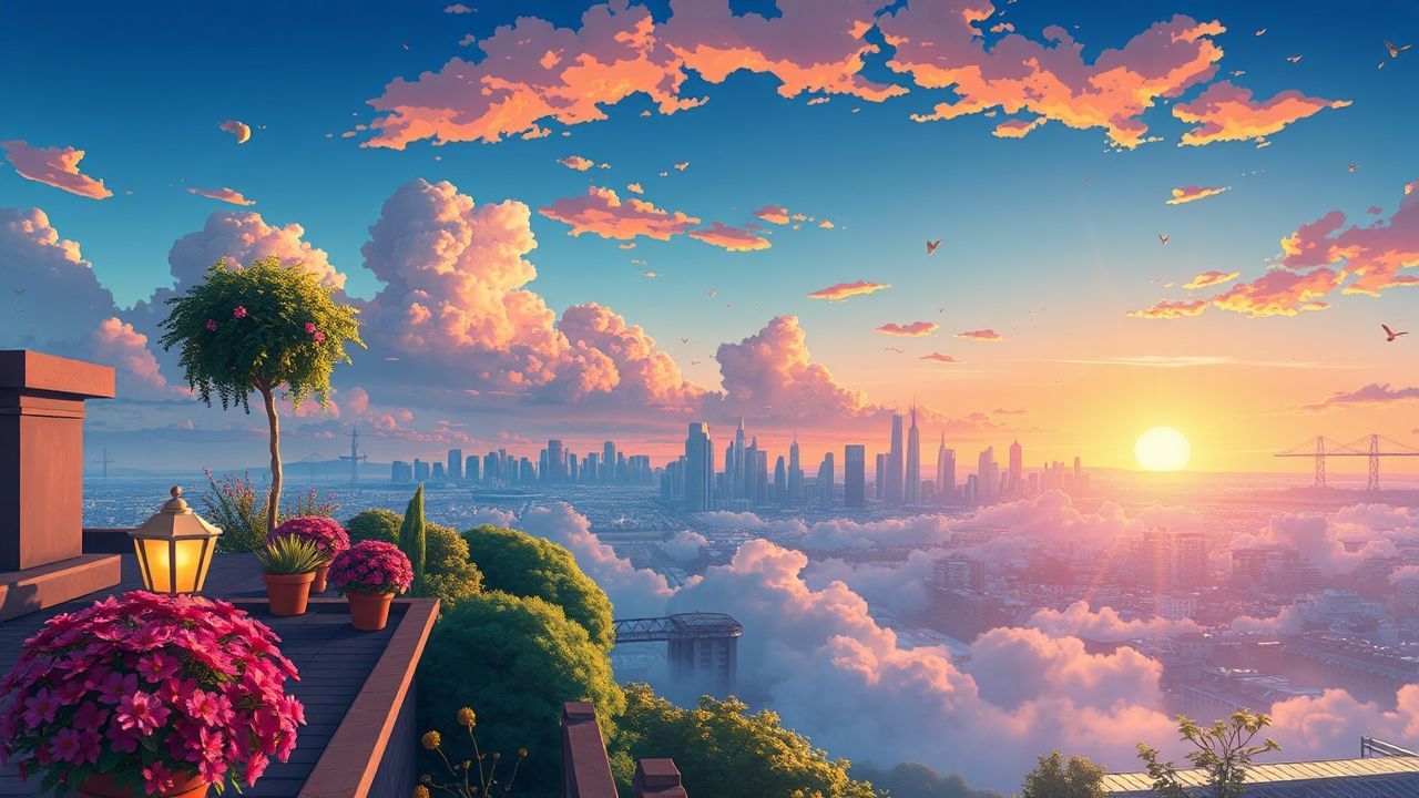 Dreamy Rooftop Garden City at Sunset