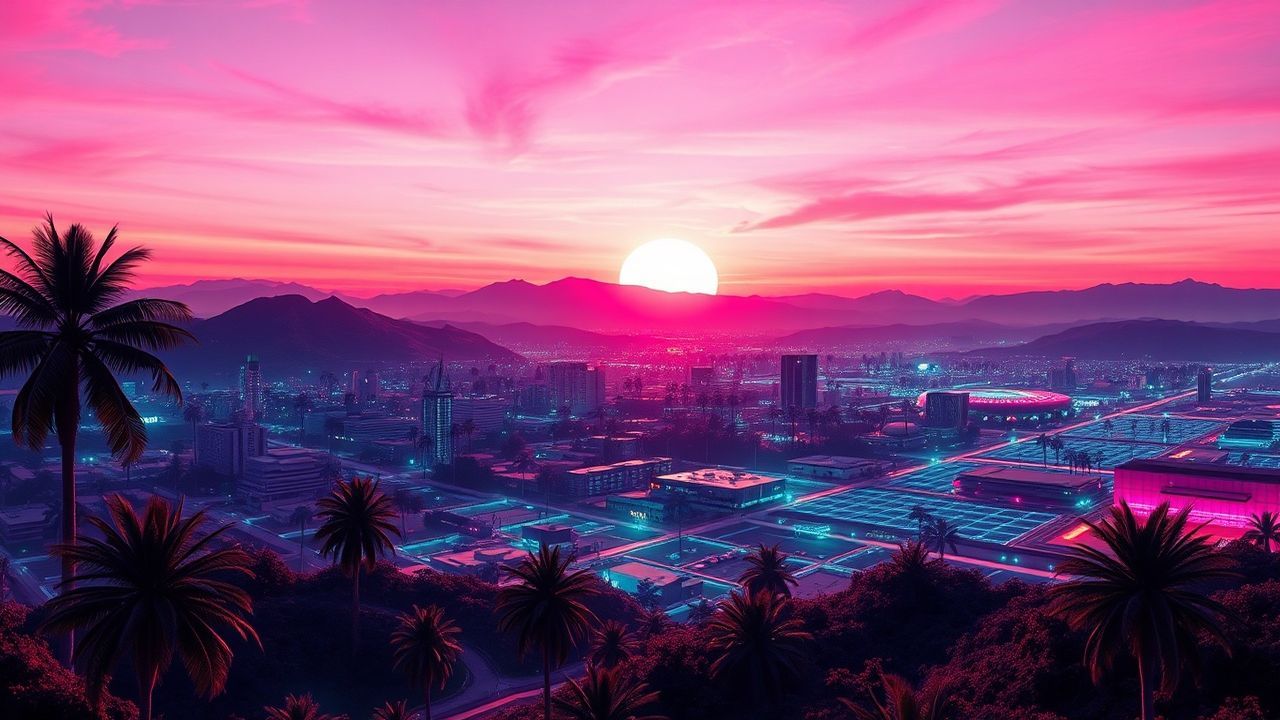 Immense Synthwave Grid Mountains at Sunset