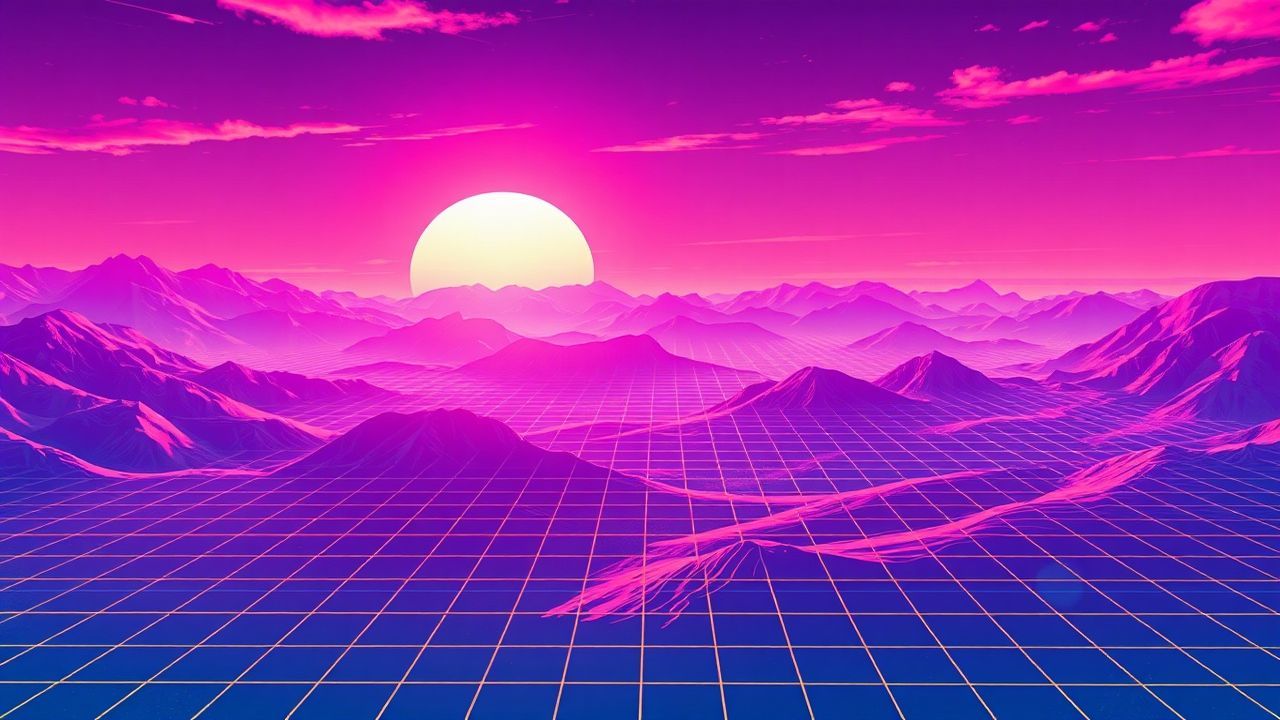 Dreamlike Vaporwave Grid Mountains at Sunset