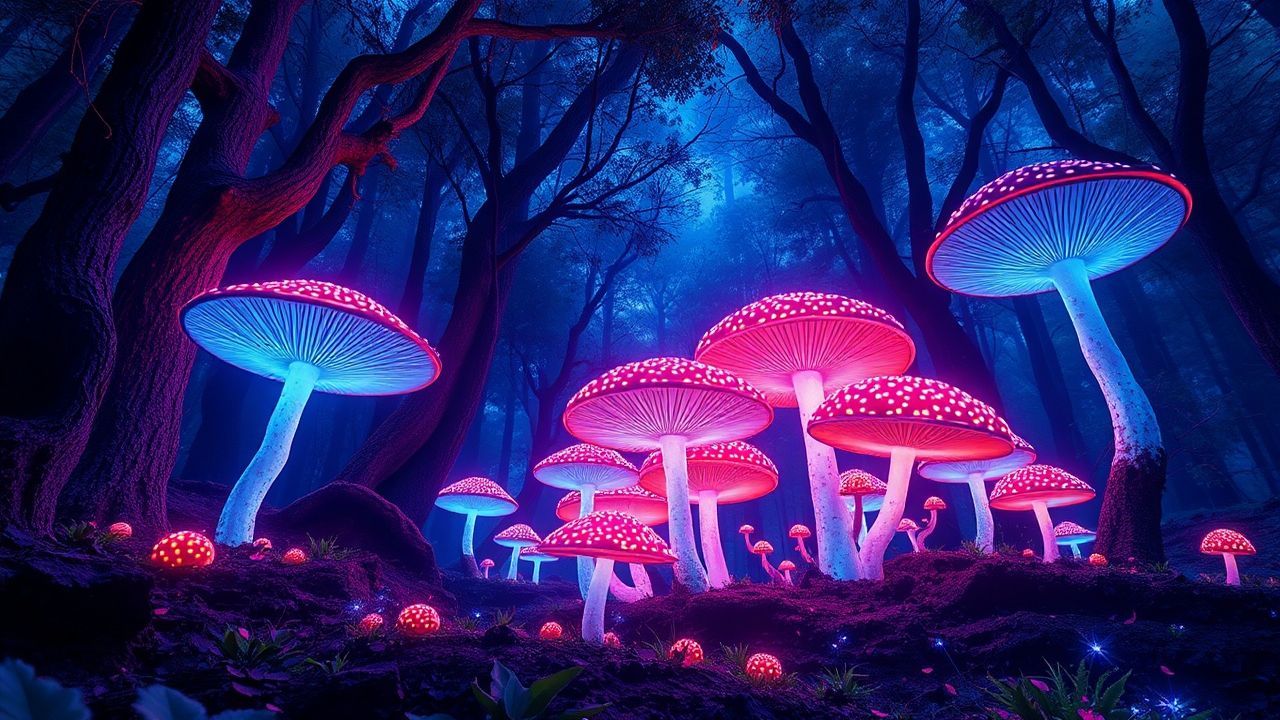 Exquisite Bioluminescent Mushroom Forest Glow