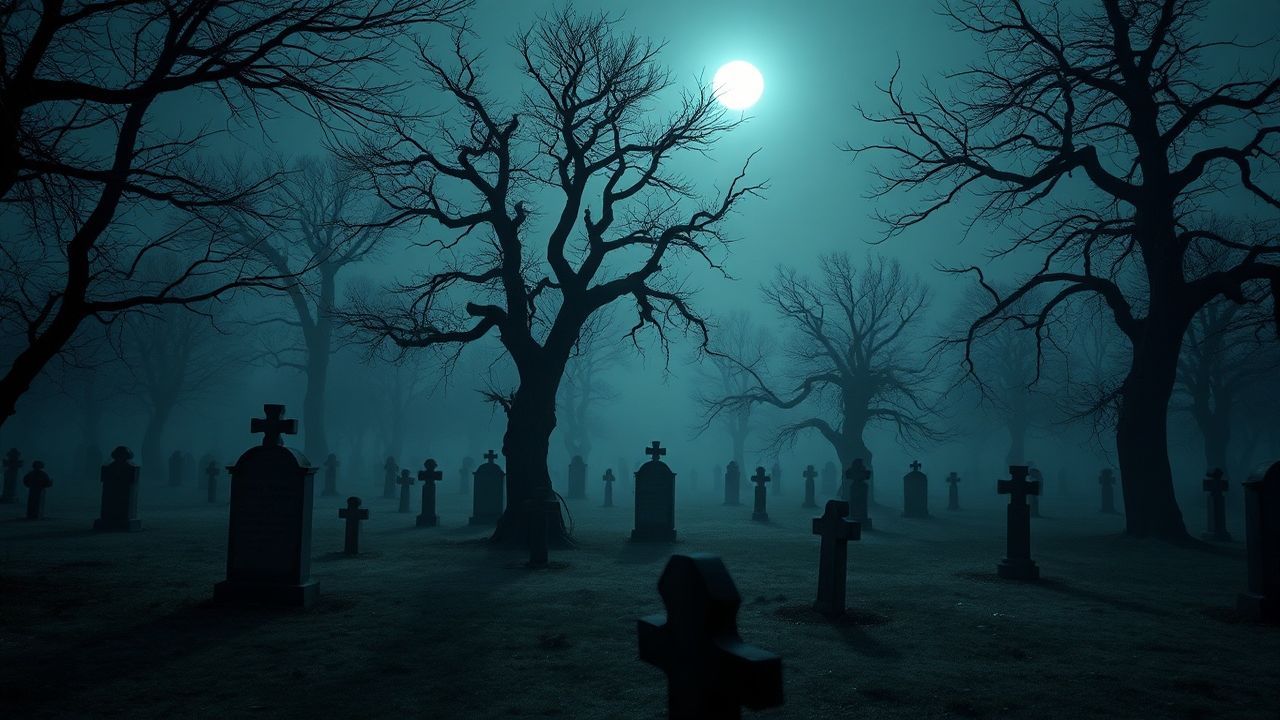 Eerie Graveyard Full Moon in the Mist