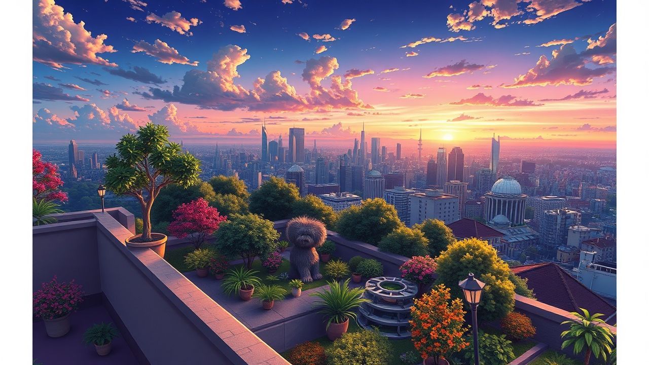 Enchanted Rooftop Garden City at Sunset
