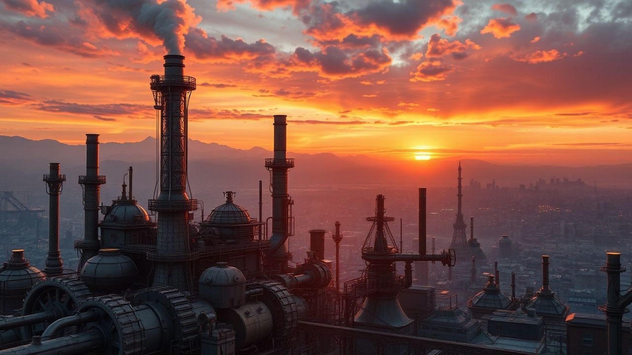 Dreamlike Steampunk City Brass at Sunset