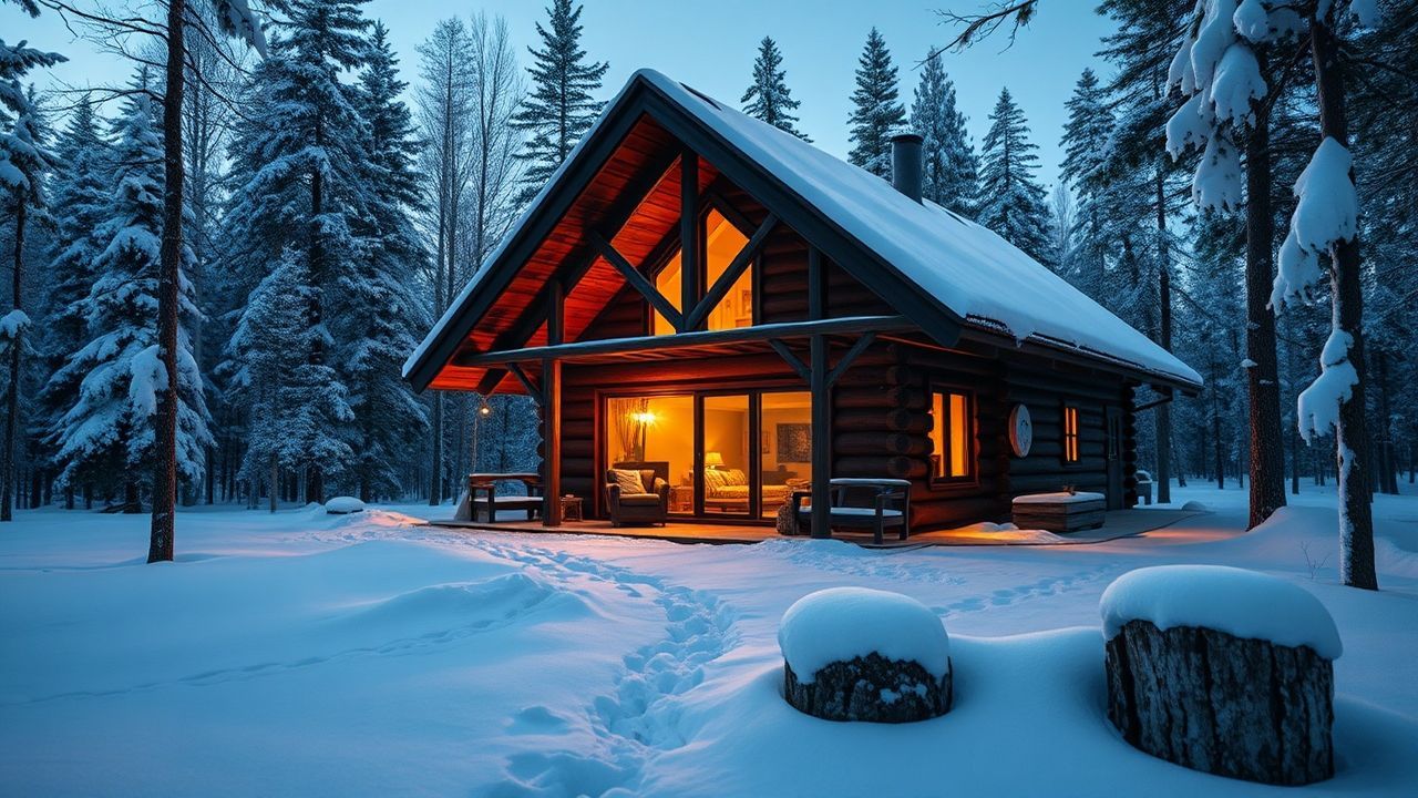 Golden Scandinavian Cabin Isolation in Winter