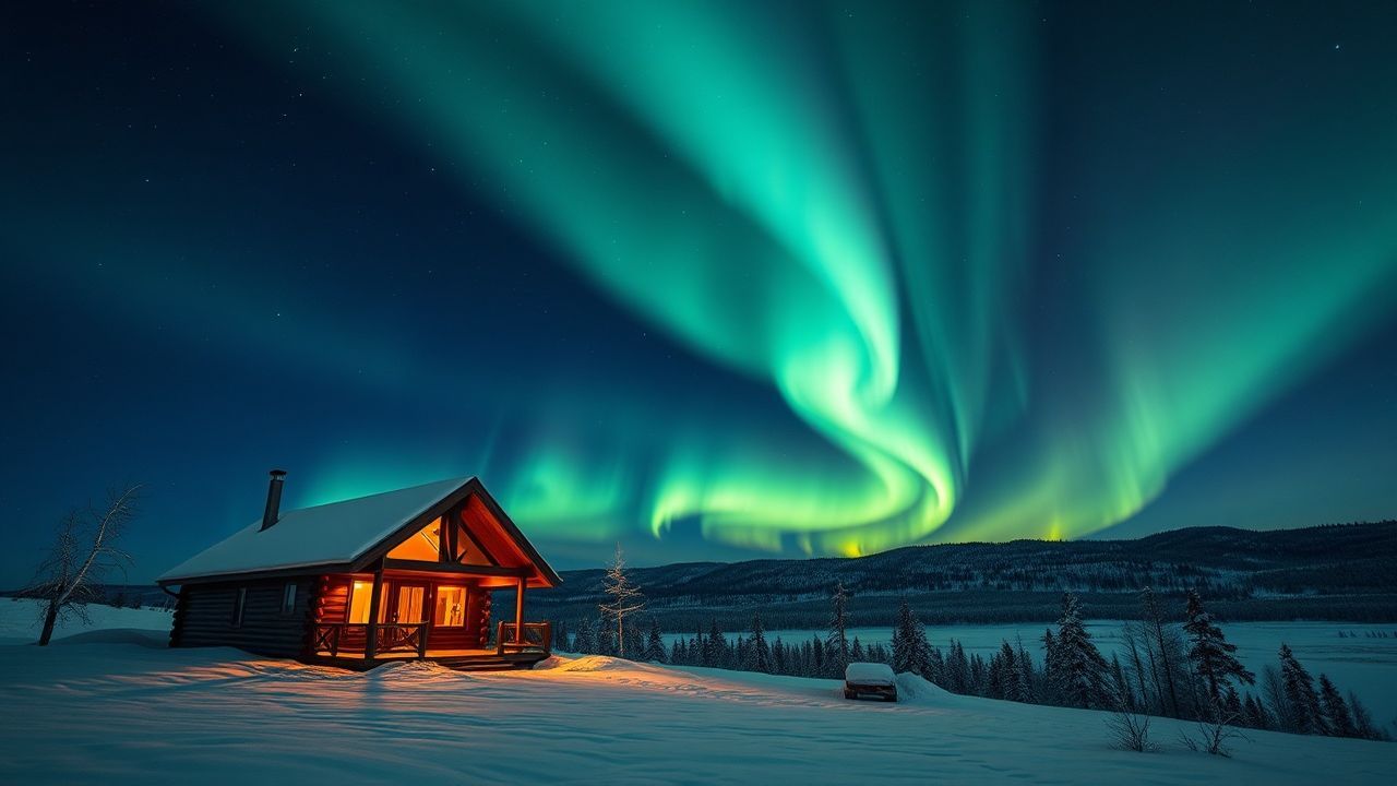 Cosmic Northern Lights Cabin in Winter