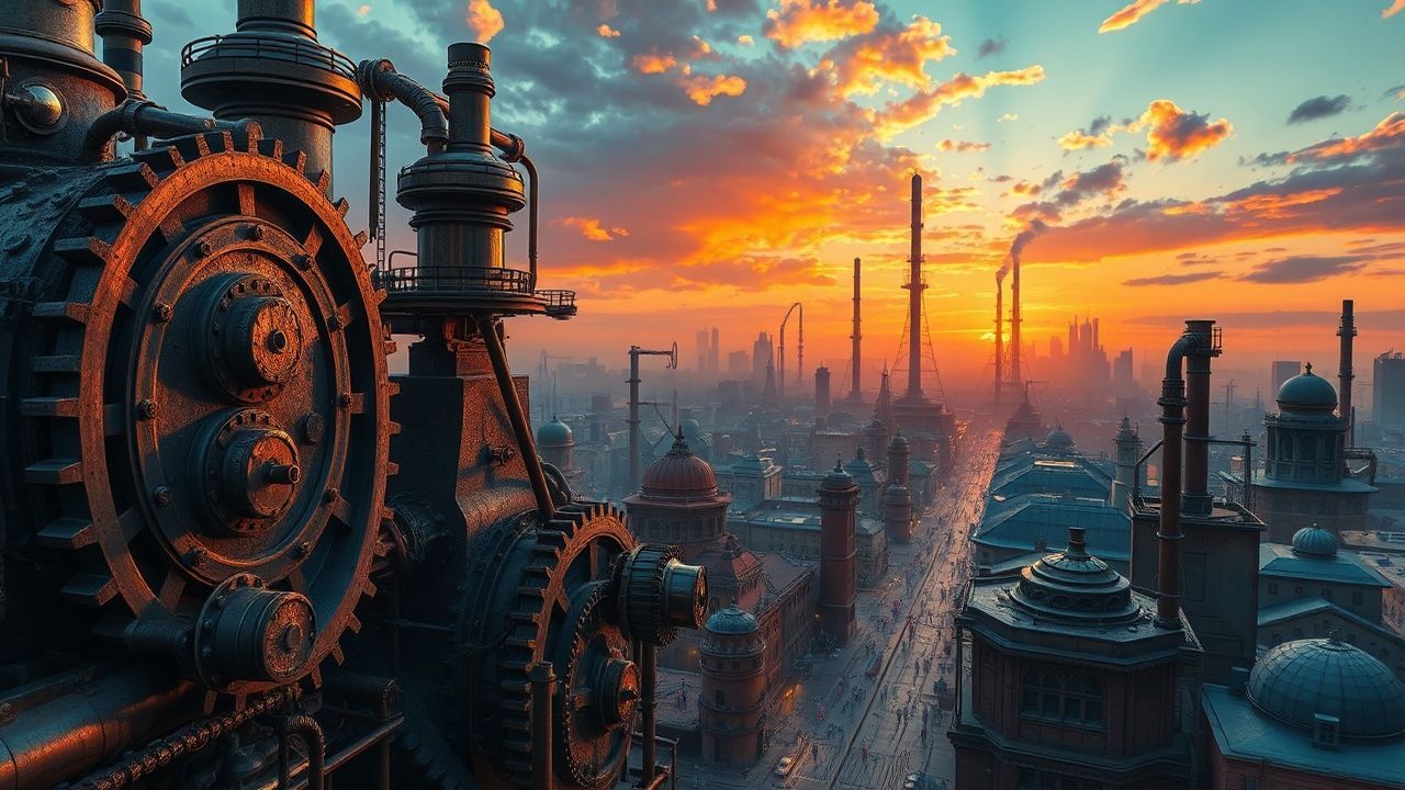 Alluring Steampunk City Brass at Sunset
