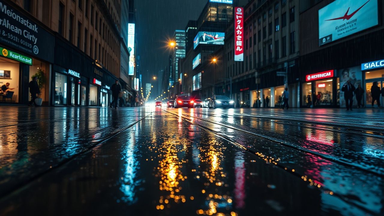 Golden Street Reflections Lights in the Rain