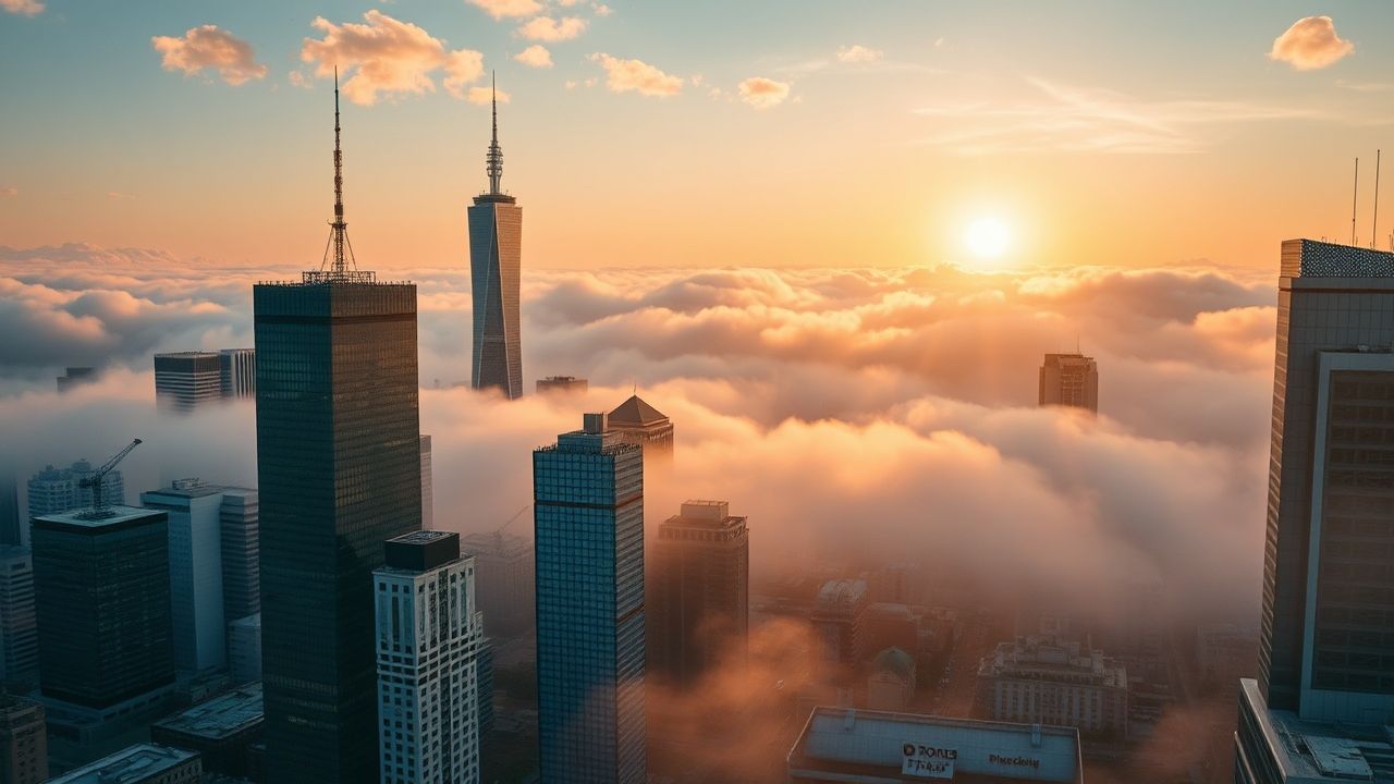 Metropolitan City Skyscrapers Emerging in the Mist