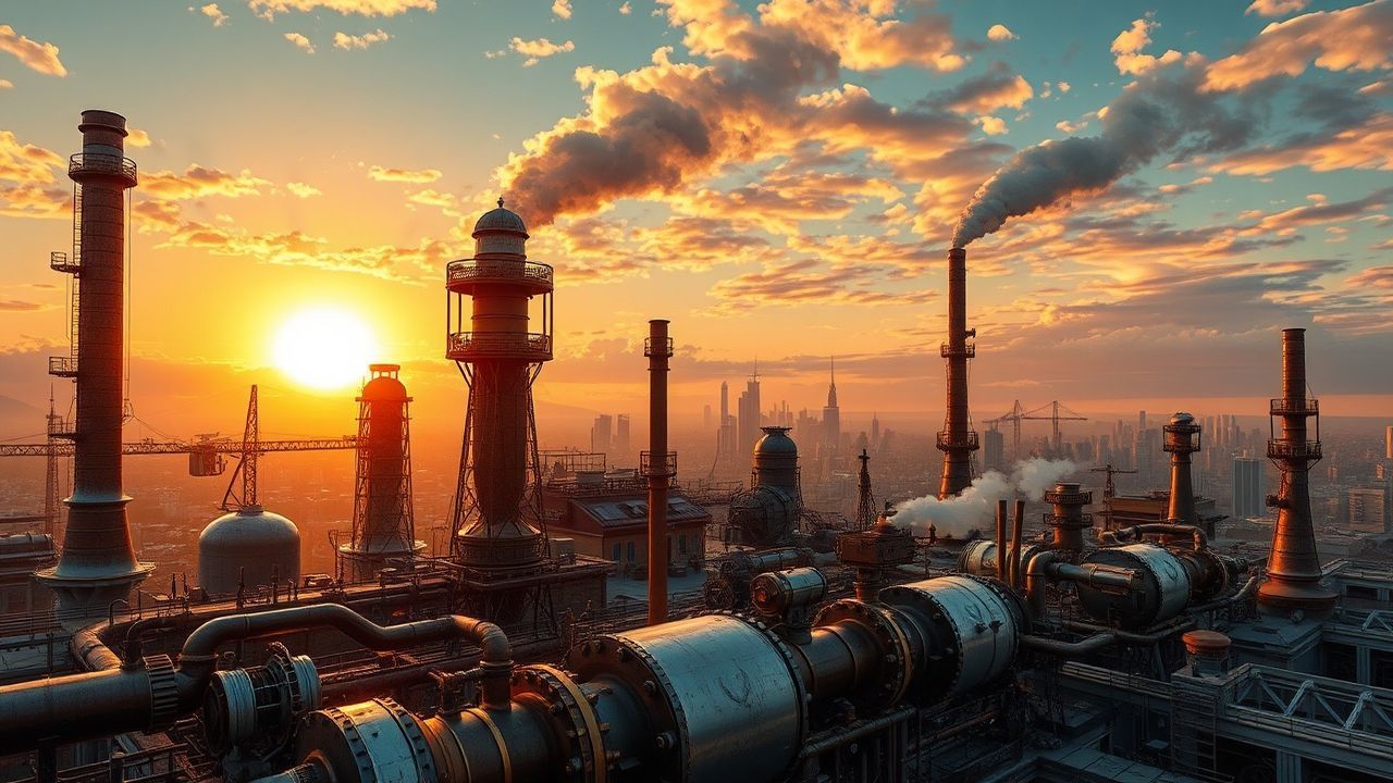 Serene Steampunk City Brass at Sunset