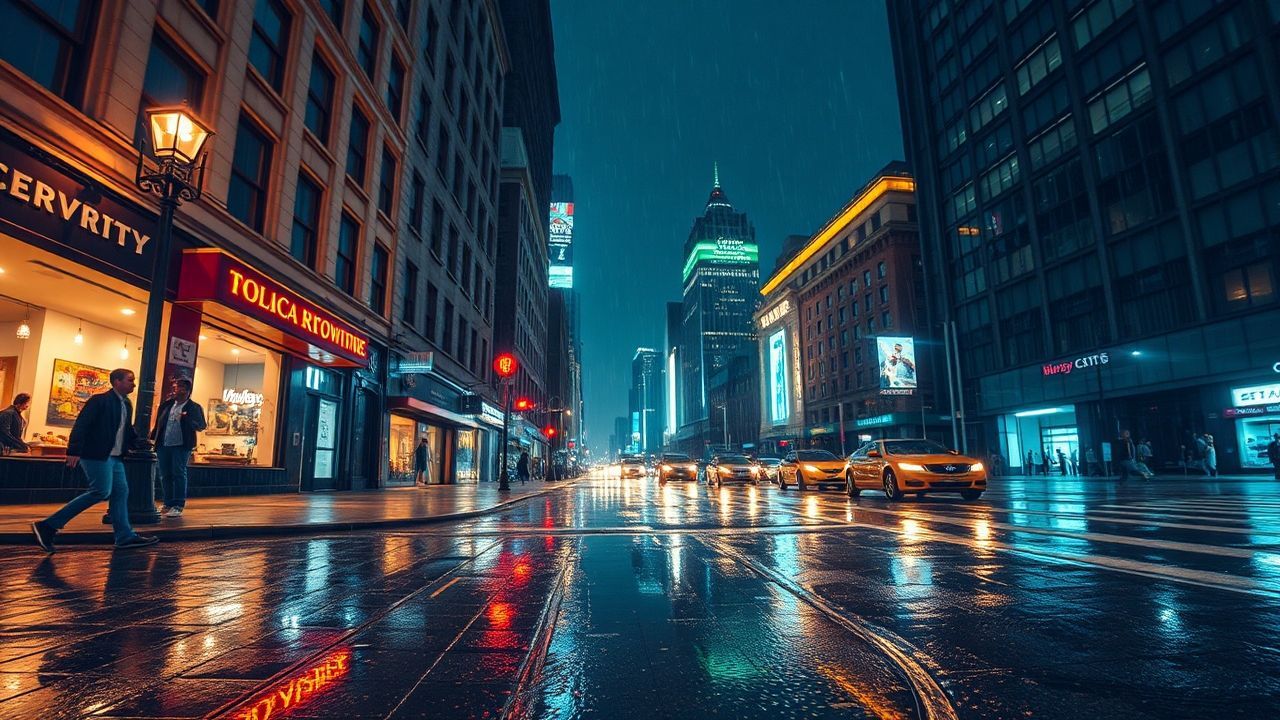 Sweeping Street Reflections Lights in the Rain