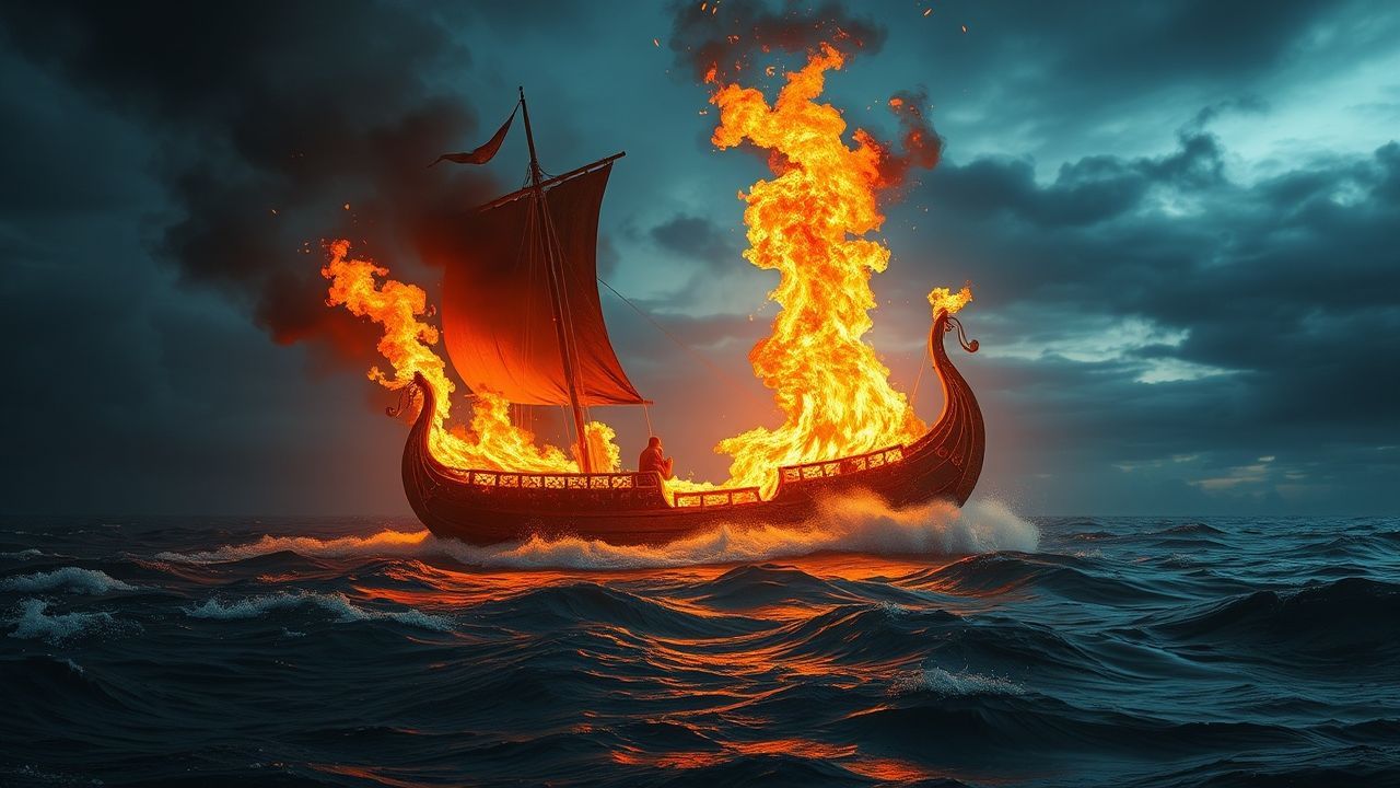 Exquisite Viking Funeral Burning by Night