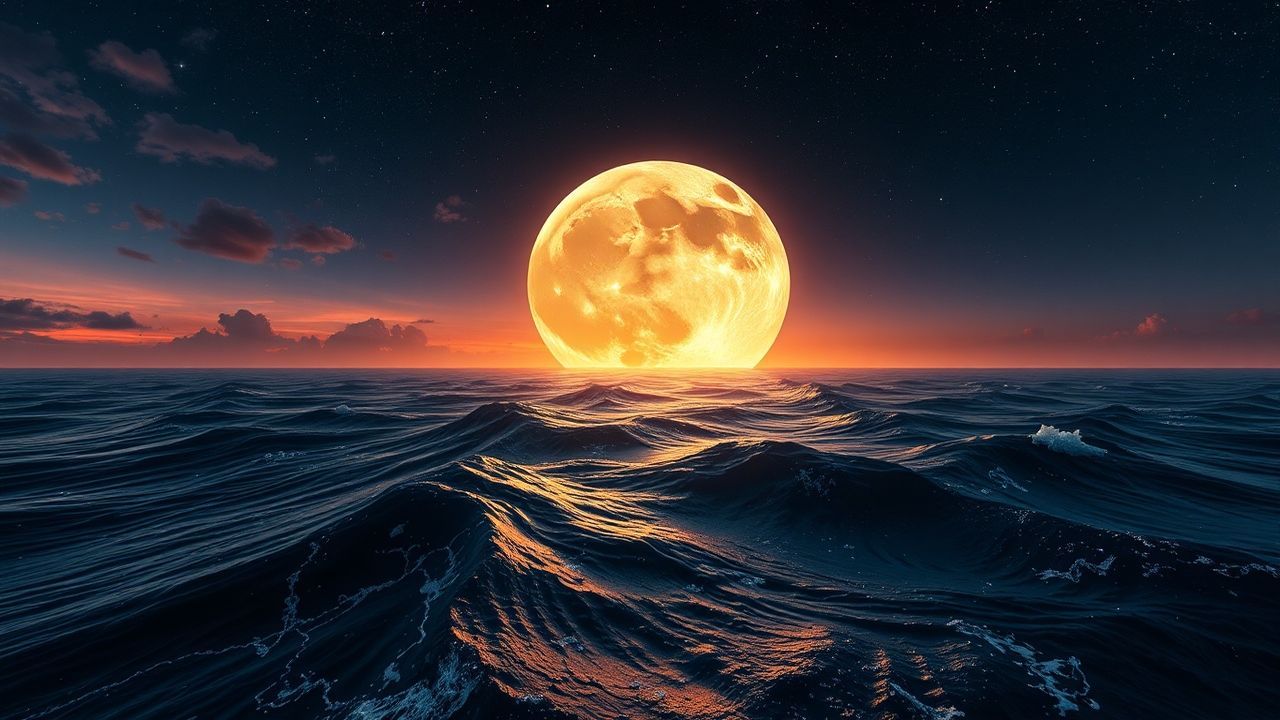 Luminous Giant Moon Touching by Night