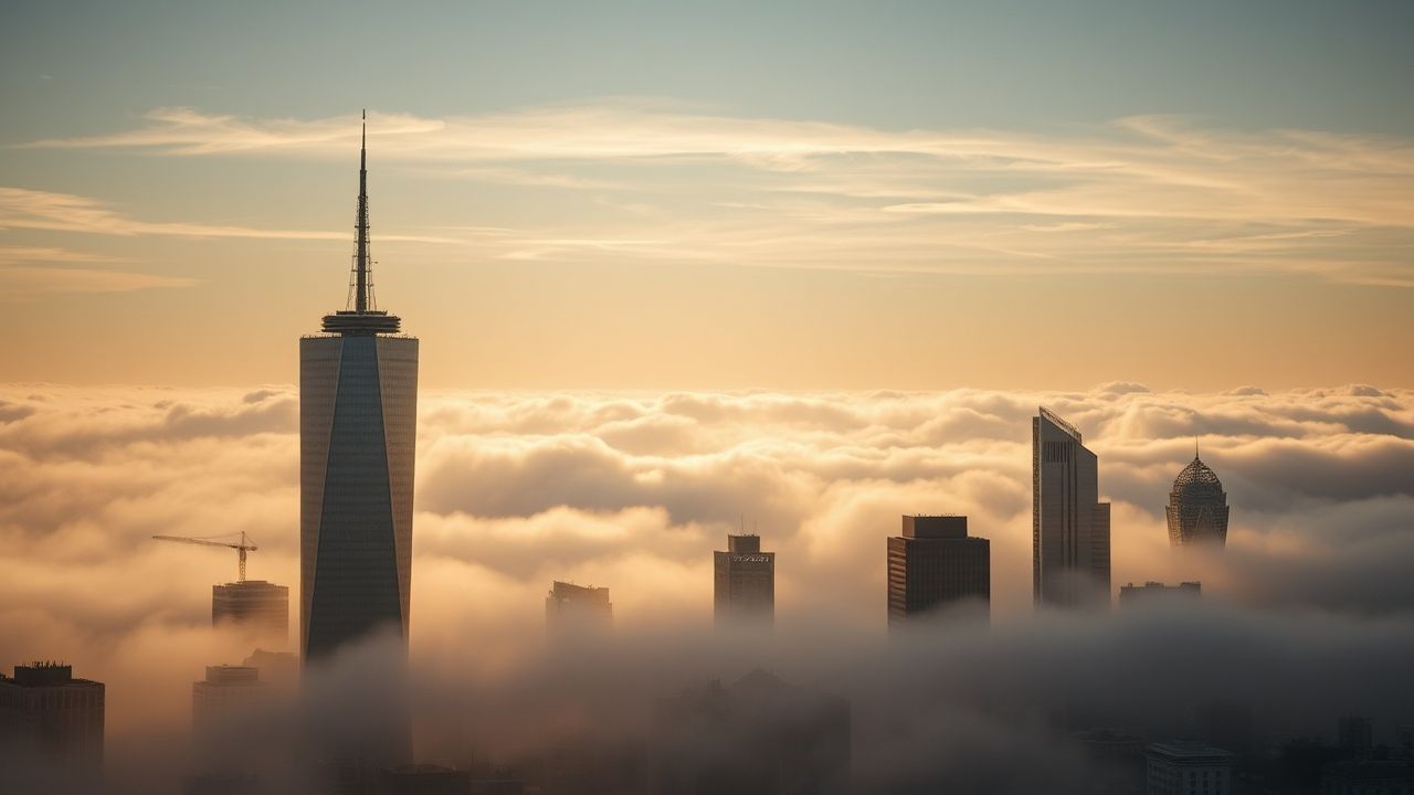 Striking City Skyscrapers Emerging in the Mist