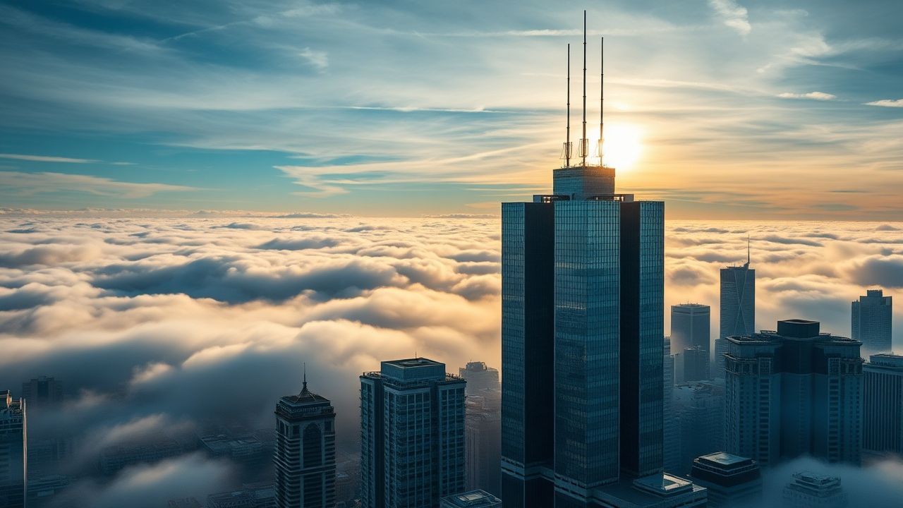Celestial City Skyscrapers Emerging in the Mist
