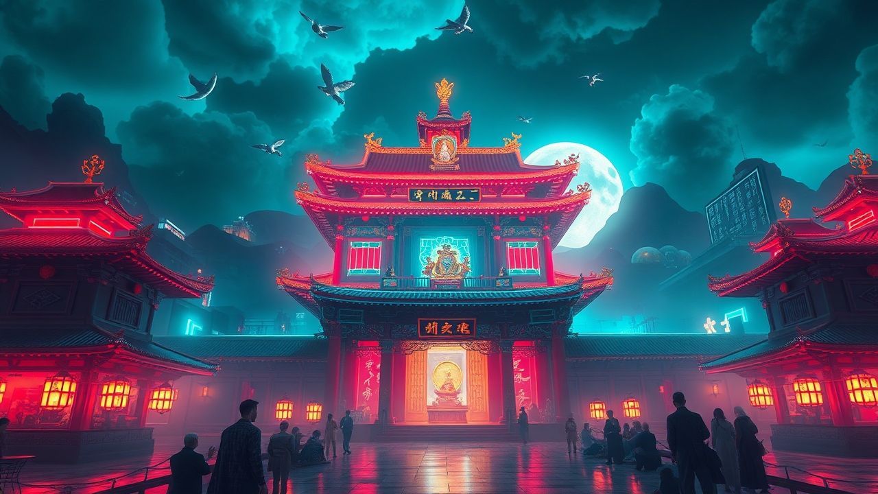 Ethereal Temple Shrine Traditional Neon Dreams