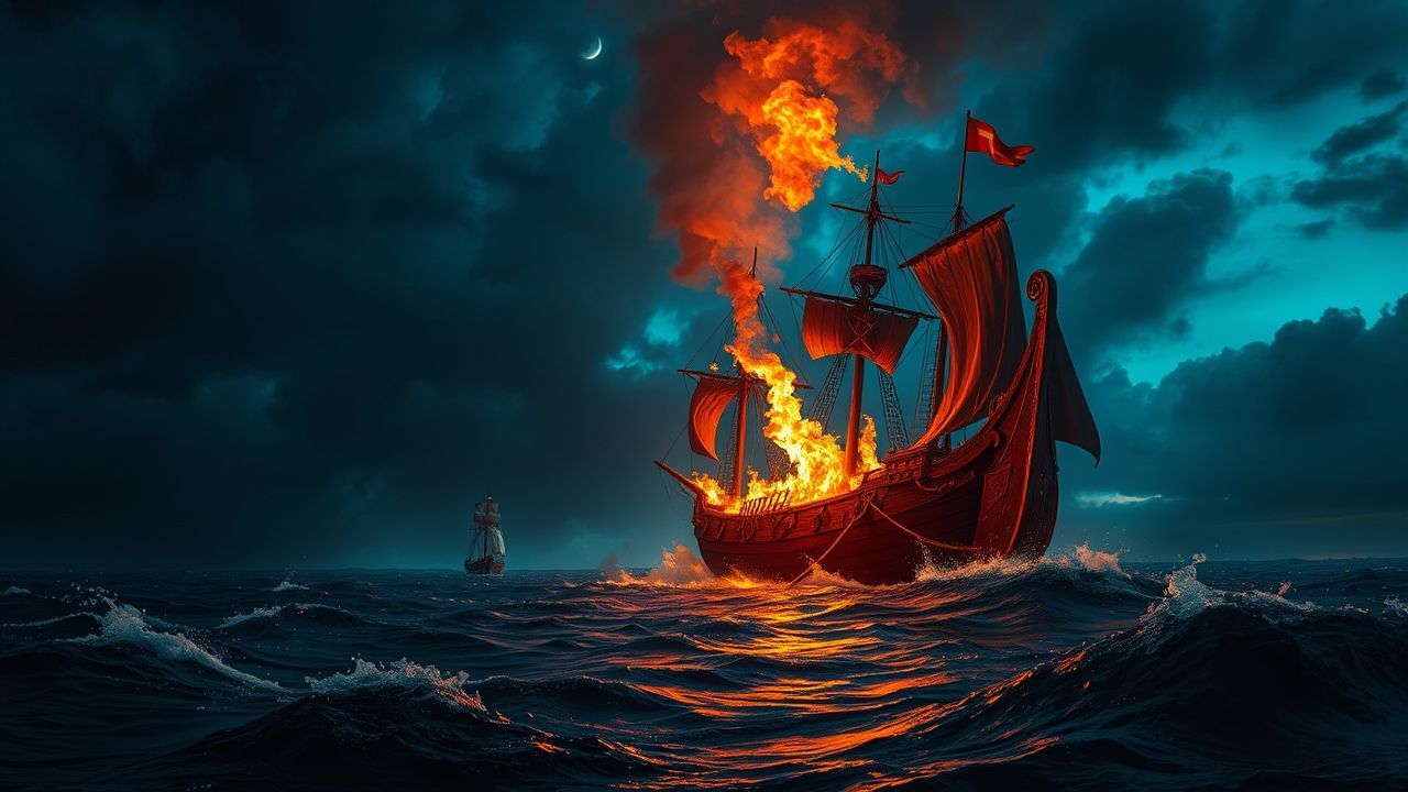 Magnificent Viking Funeral Burning by Night