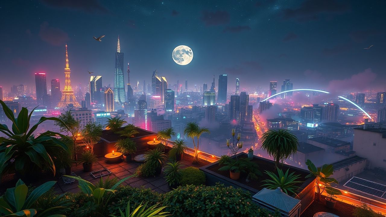 Ornate Rooftop Garden Oasis by Night