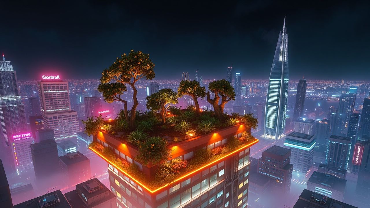 Holographic Rooftop Garden Oasis by Night