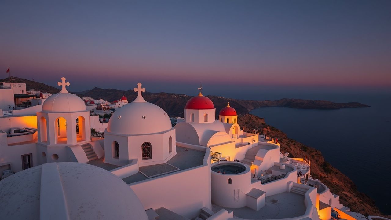 Sweeping Santorini Domes White at Sunset