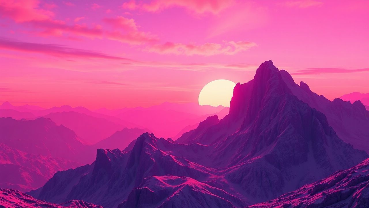 Delicate Vaporwave Grid Mountains at Sunset