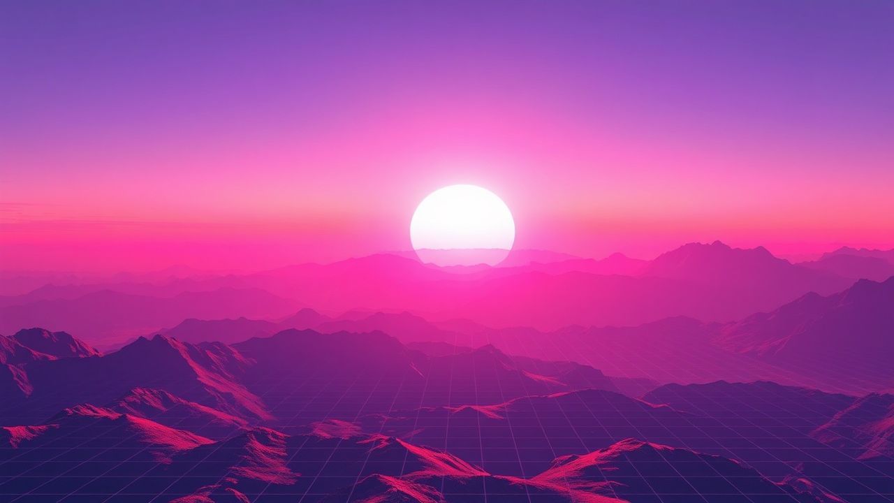 Mystical Vaporwave Grid Mountains at Sunset
