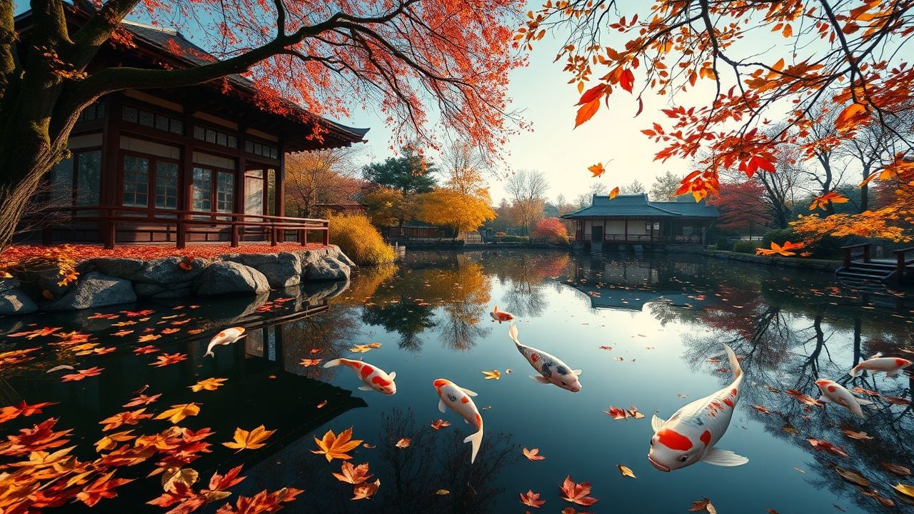 Majestic Japanese Koi Pond in Autumn