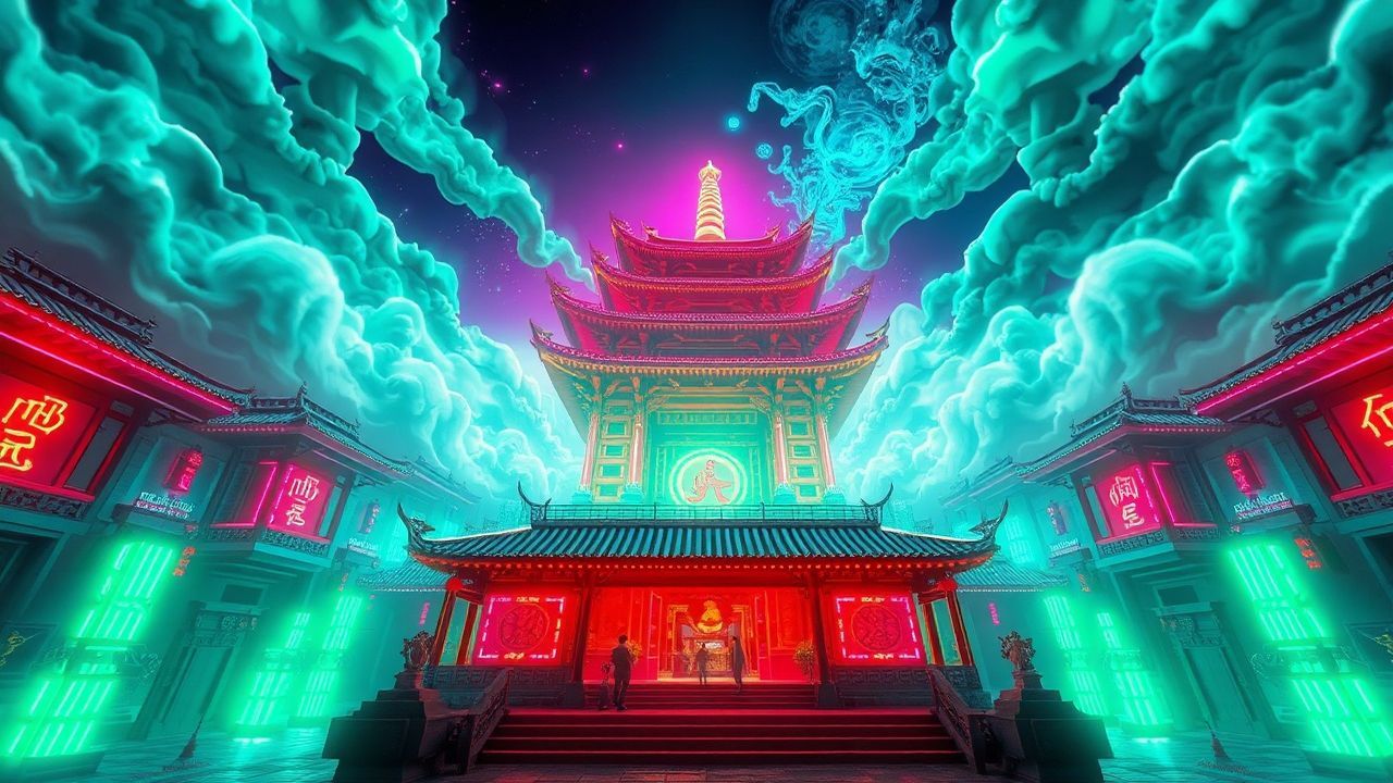 Celestial Temple Shrine Traditional Neon Dreams