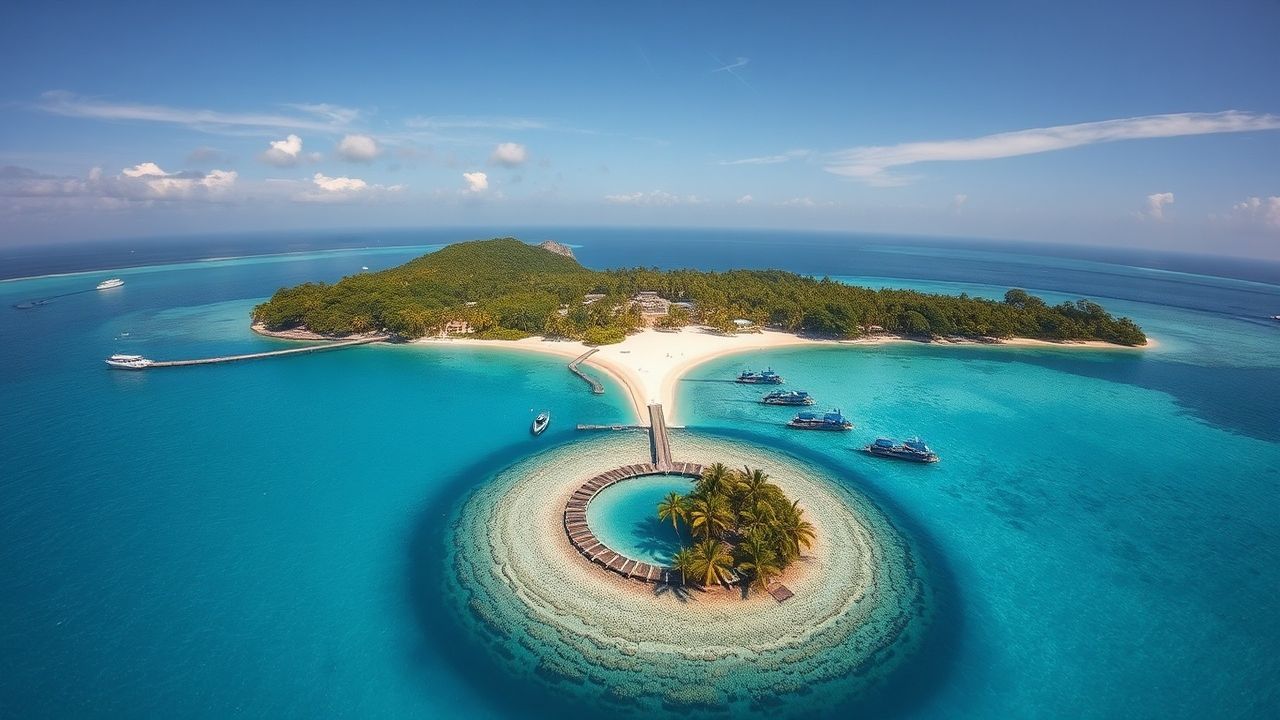 Towering Tropical Island Beach from Above