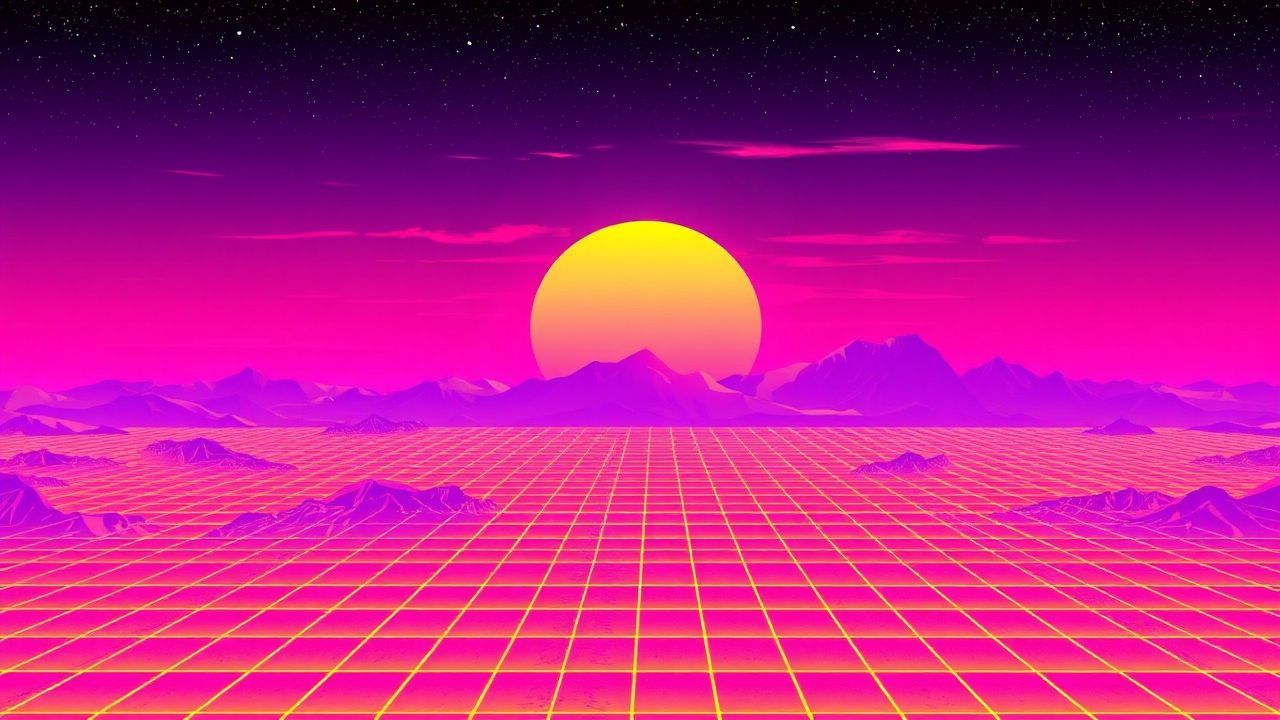 Wondrous Vaporwave Grid Mountains at Sunset