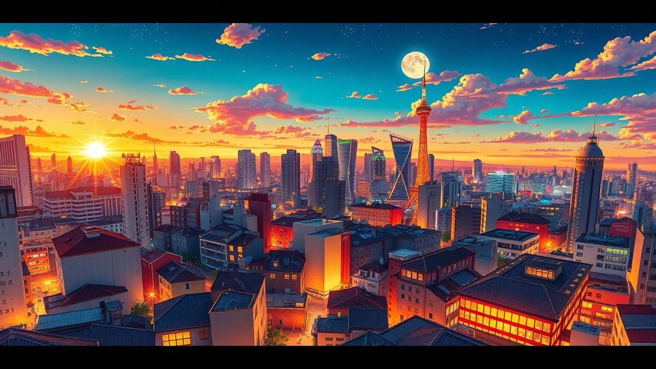 Luminous Anime Cityscape Hour in Golden Light