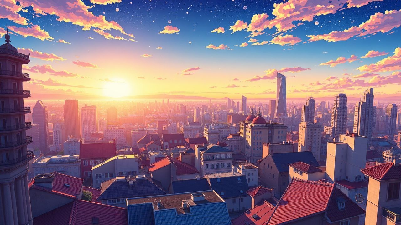 Dramatic Anime Cityscape Hour in Golden Light