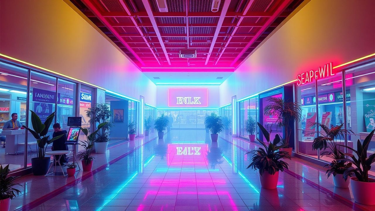 Serene Empty Mall 90s Neon Dreams