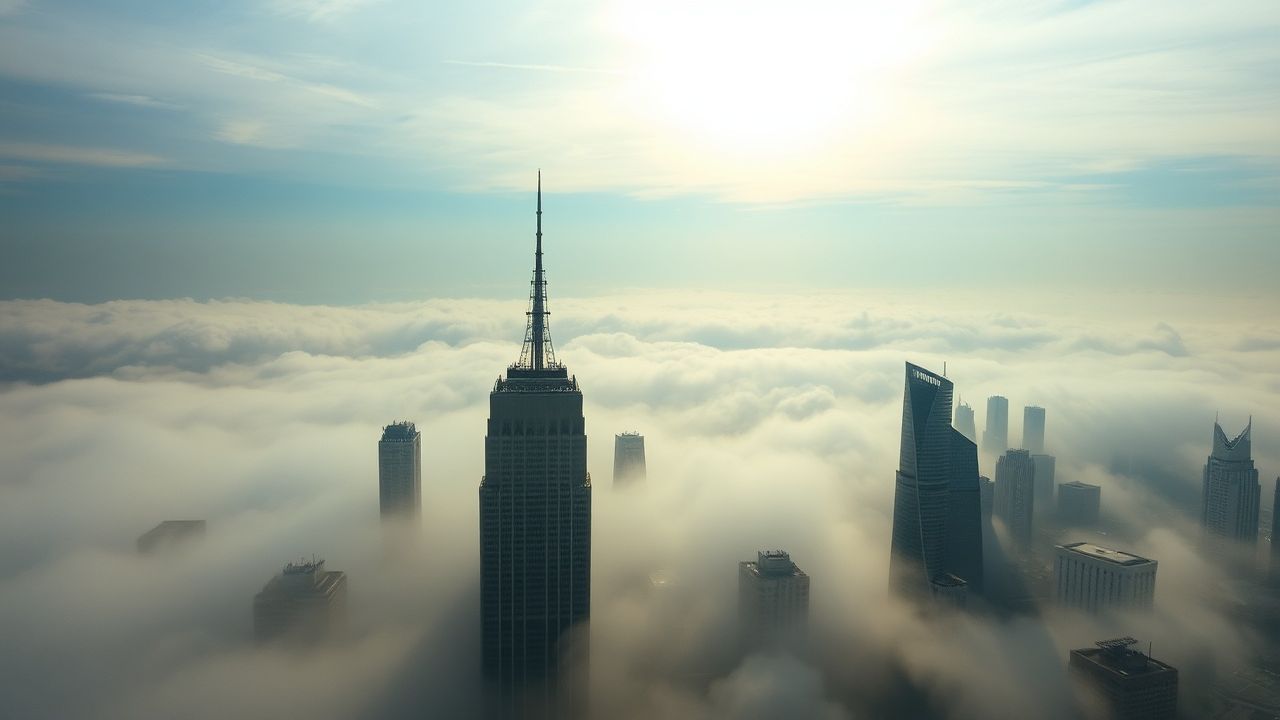 Tranquil City Skyscrapers Emerging in the Mist