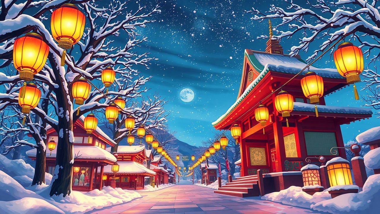 Immense Shrine Lanterns Anime in Winter