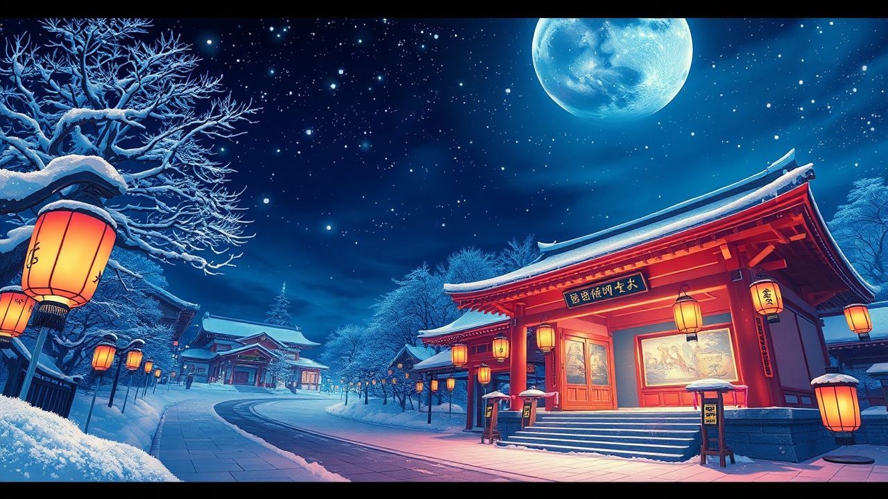 Peaceful Shrine Lanterns Anime in Winter