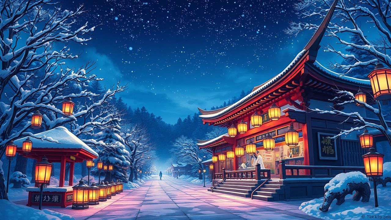 Golden Shrine Lanterns Anime in Winter