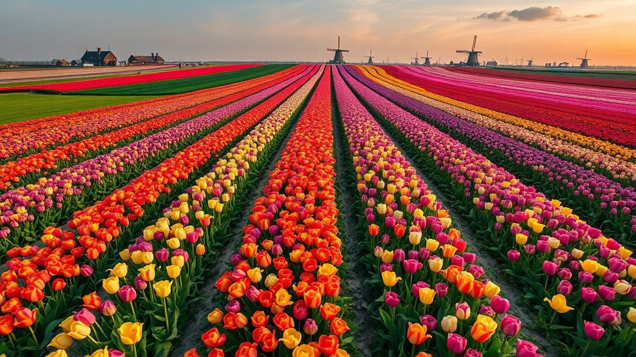 Vast Tulip Fields Netherlands from Above
