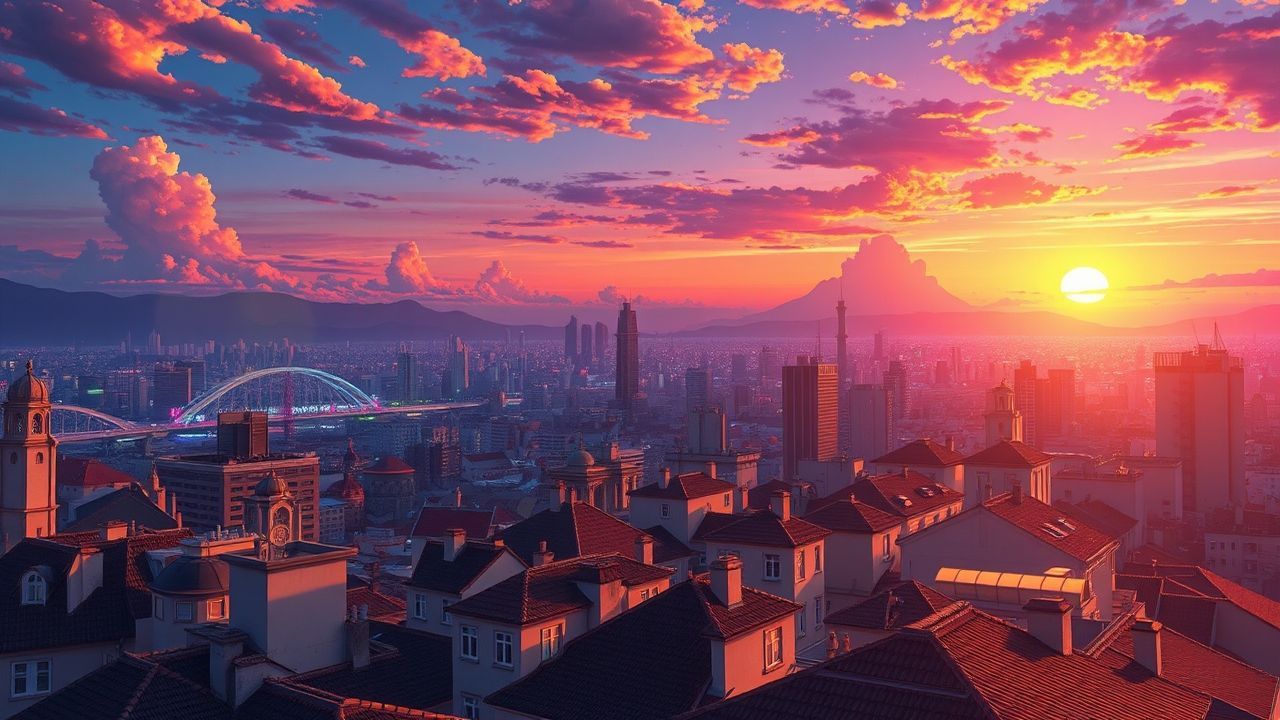 Sublime Anime Cityscape Hour in Golden Light
