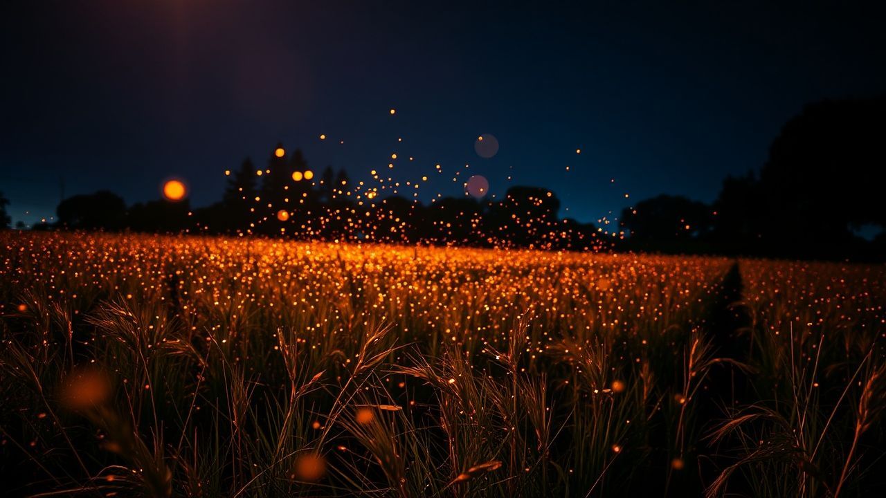 Golden Fireflies Field Warm by Night