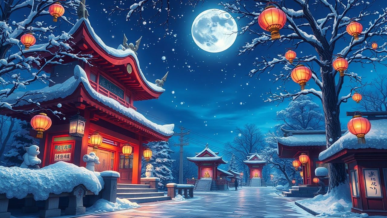 Alluring Shrine Lanterns Anime in Winter