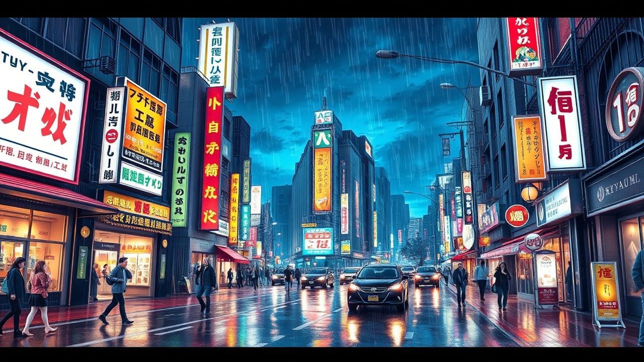 Striking Tokyo Street Signs in the Rain